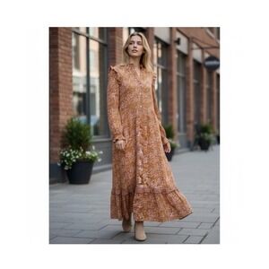 Universal Thread Sz S Brown Floral Ruffle Maxi Dress Balloon Sleeve Boho Prairie